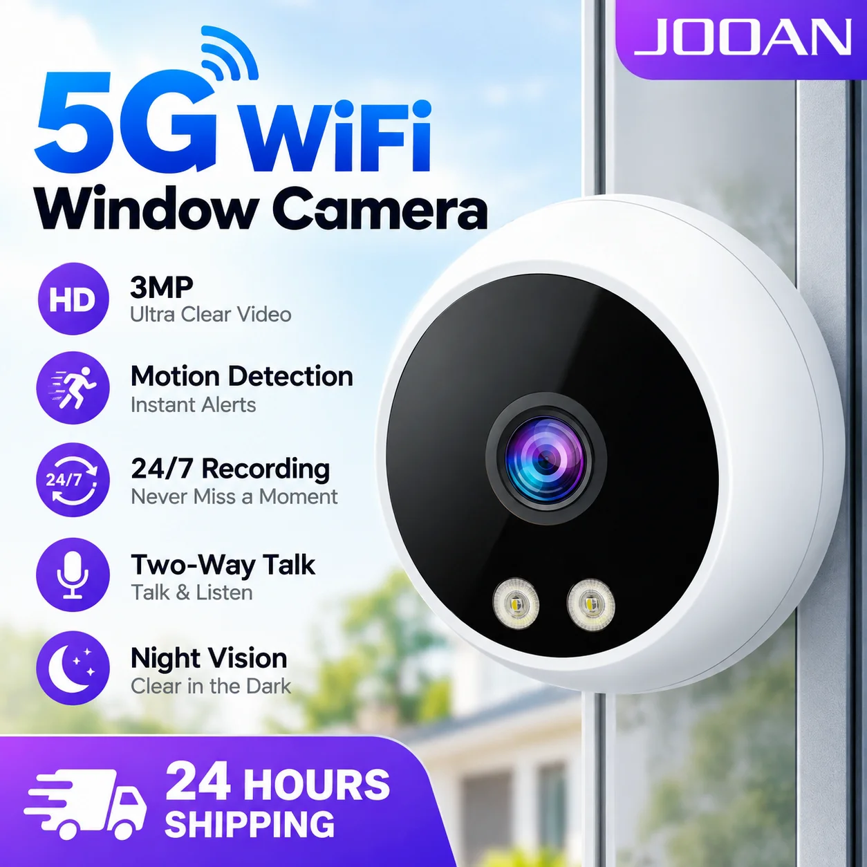 JOOAN 3MP Window Camera Replaces Outdoor Cameras 2.4/5GHz WiFi Motion Detection HD Color Night Vision Through Window Camera