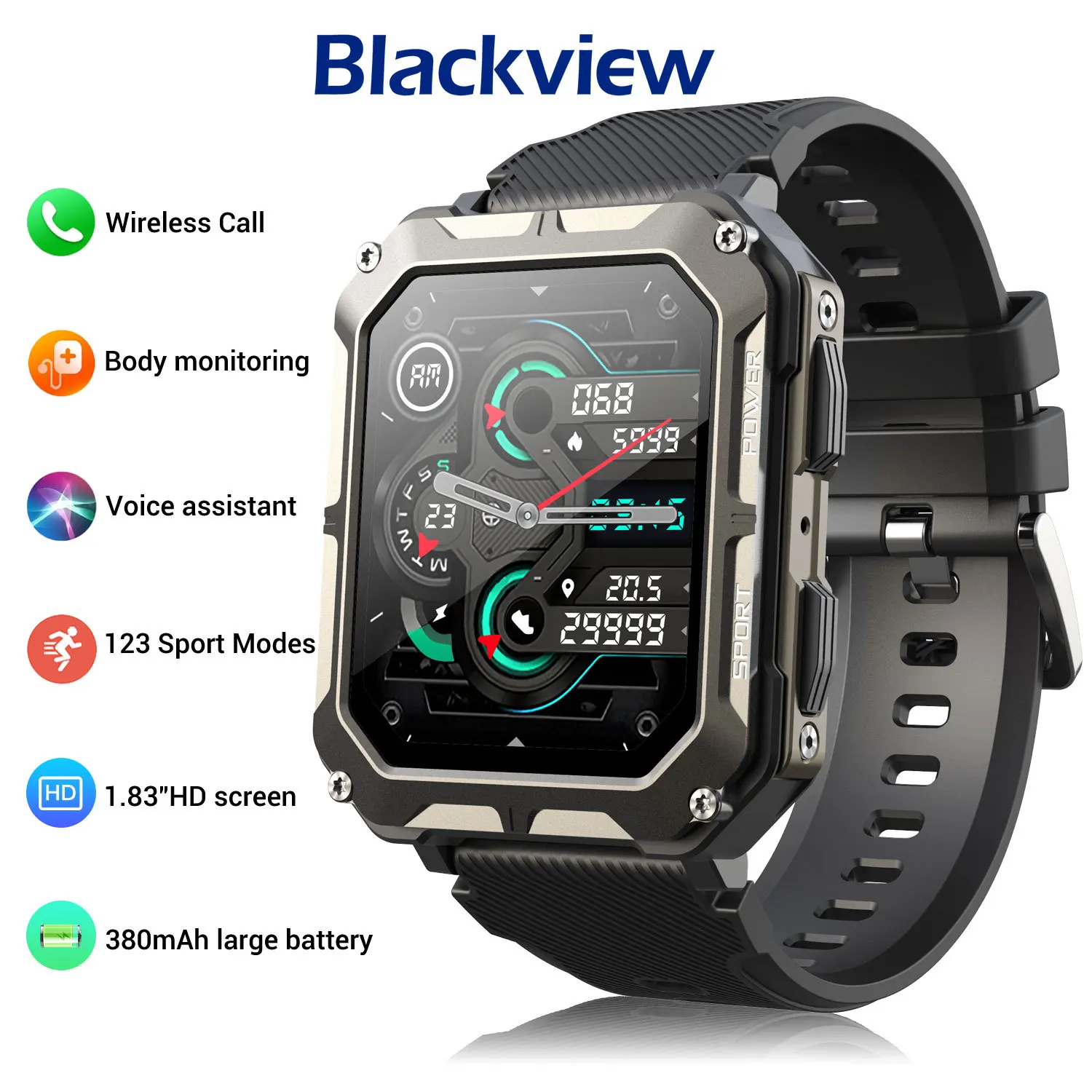 Blackview C20PRO Bluetooth Smartwatch IP68 Waterproof 1.83'' Screen Smart Fitness Men Watch with 120+ Sport mode for Android IOS