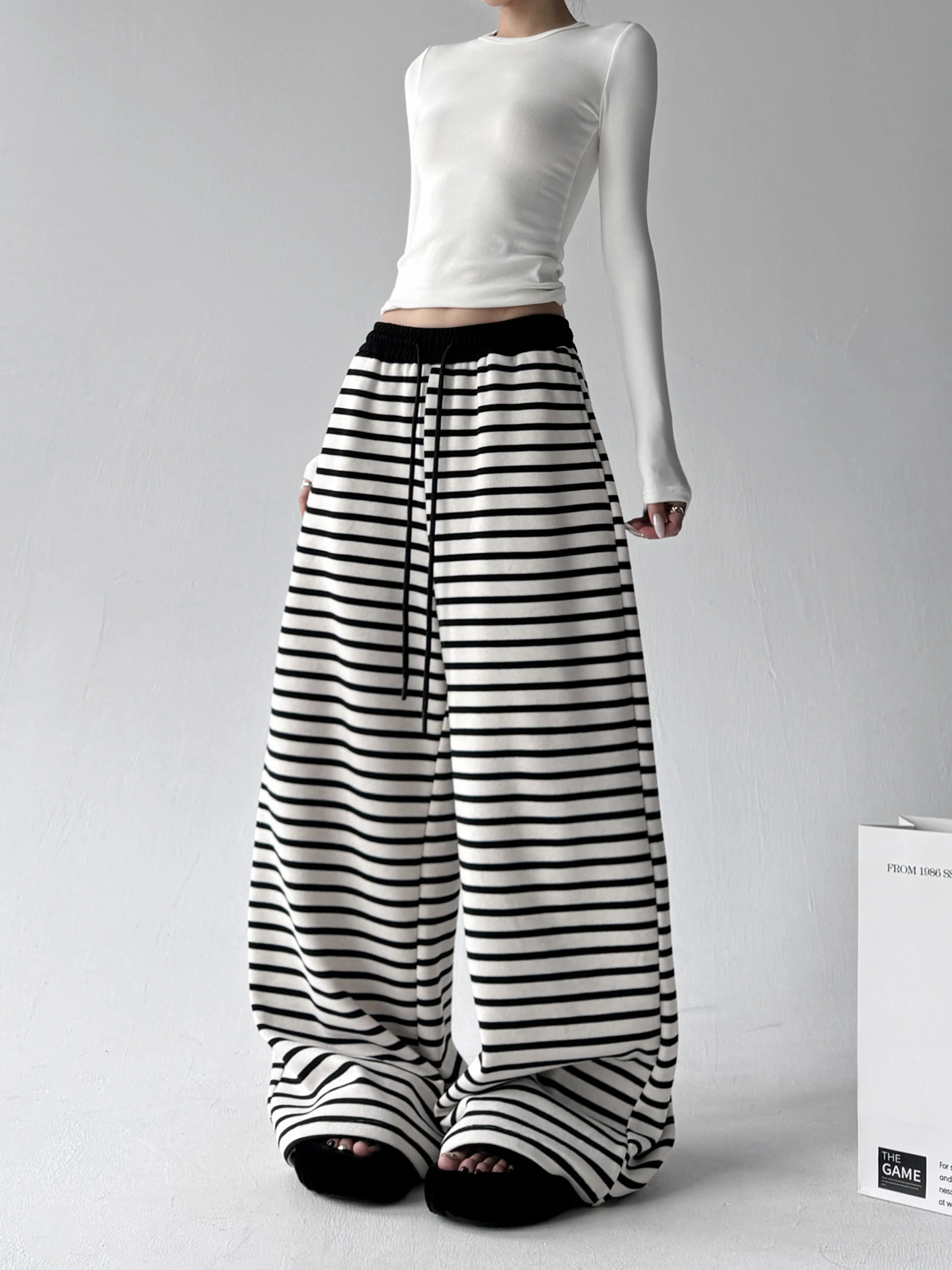 المرأة عادية مخطط بنطال ذو قصة أرجل واسعة عالية الخصر بنطلون الطابق طول ثنى المرقعة الخريف الشتاء جديد Sle فضفاض صالح