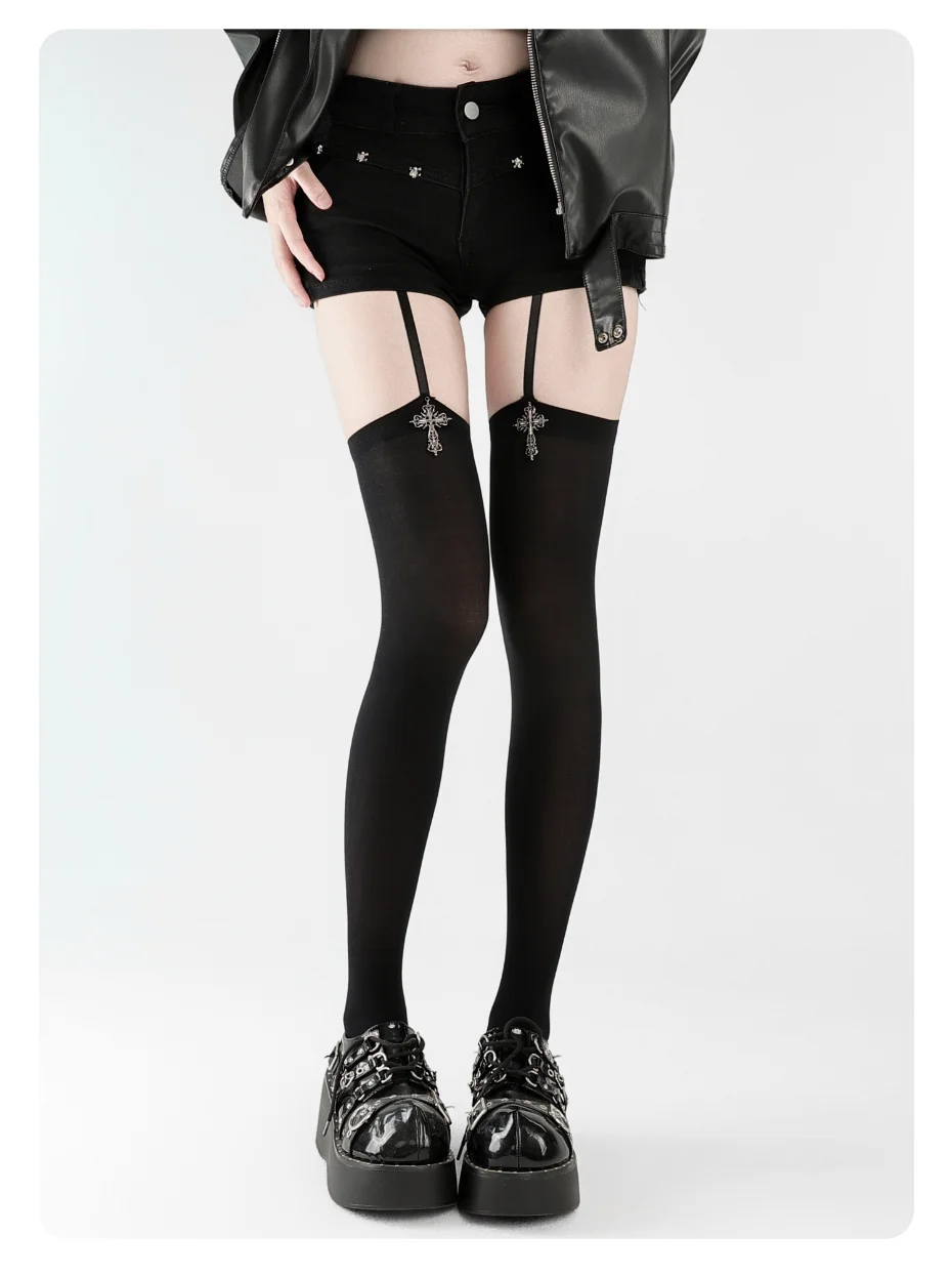 CHUANGERM Overknee-Strumpfhosen mit Metallkreuz-Dekor für Damen, trendige Overknee-Strümpfe, stilvolle Strümpfe für den Alltag und Partys – Detail 4