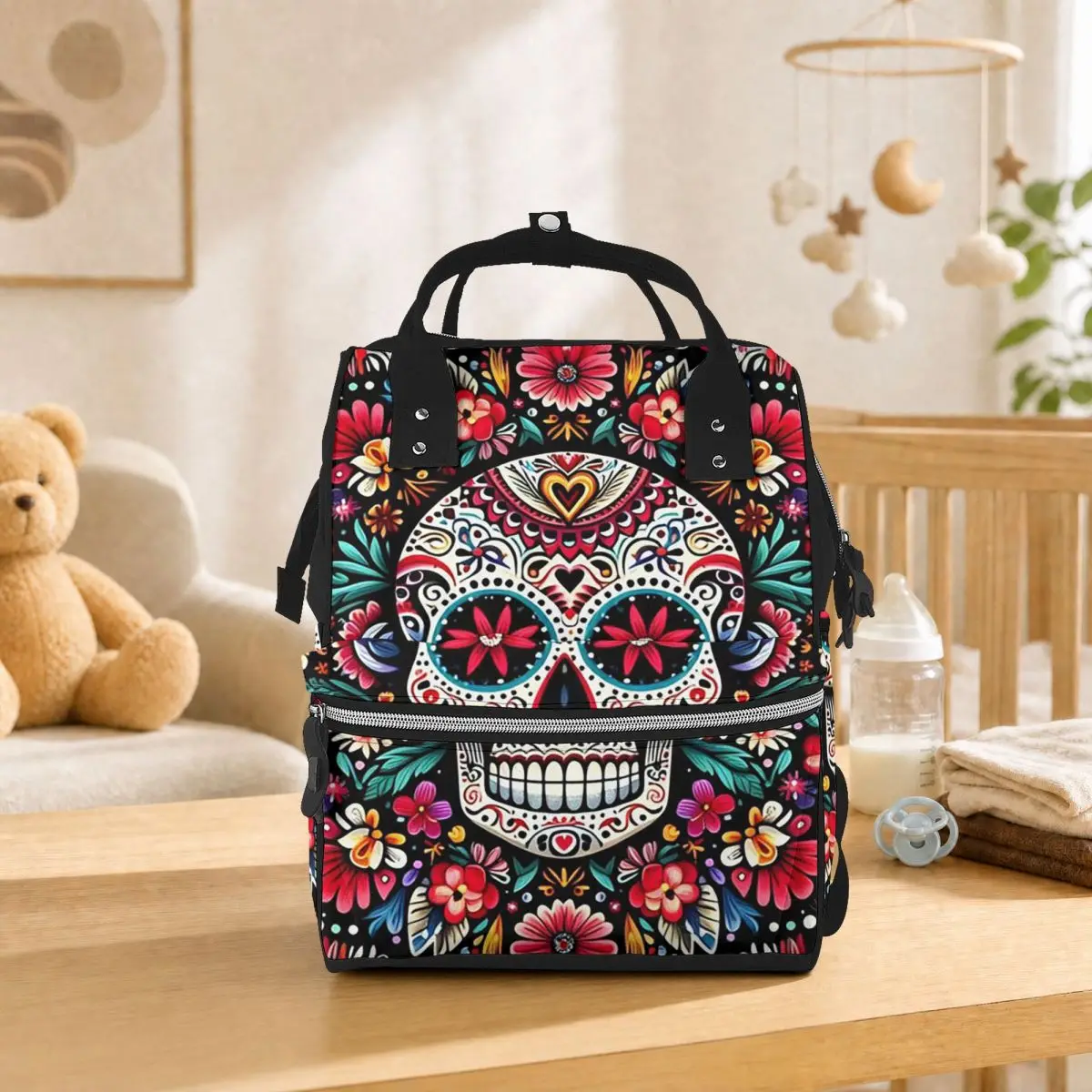 Mexican Sugar Skulls And Flowers Student Backpack School Bag Hiking Travel Daypack for Men Women Bookbag Shoulder Bags