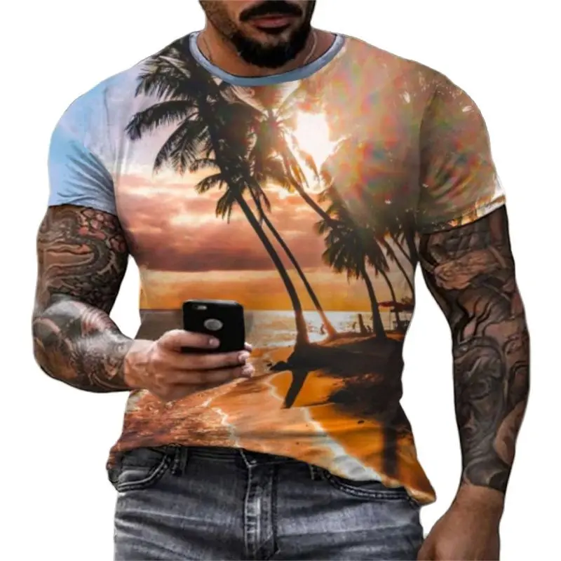 Personality Coconut Tree T-shirt Men\'s Fashion Hawaii HD 3D Digital Printed Tropical Crewneck Beach Casual Loose Comfortable Top