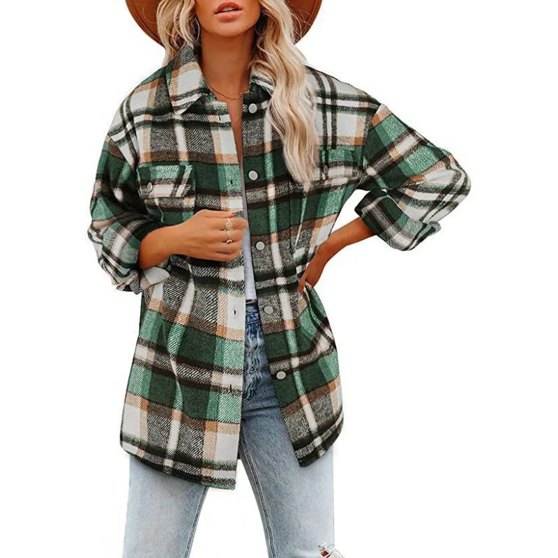 Autumn and Winter Women\'s Polo Collar Plaid Stripe Contrast Button Flocking Pocket Long Sleeve Cardigan Shirt Jacket Casual Tops