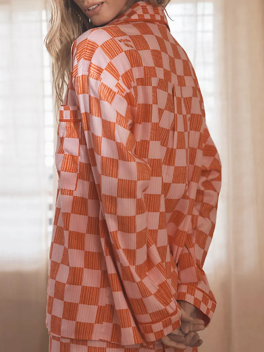 Women’s 2 Piece Pajama Set Long Sleeve Checkered Print Button Up Shirt Pants Set Sleepwear Loungewear