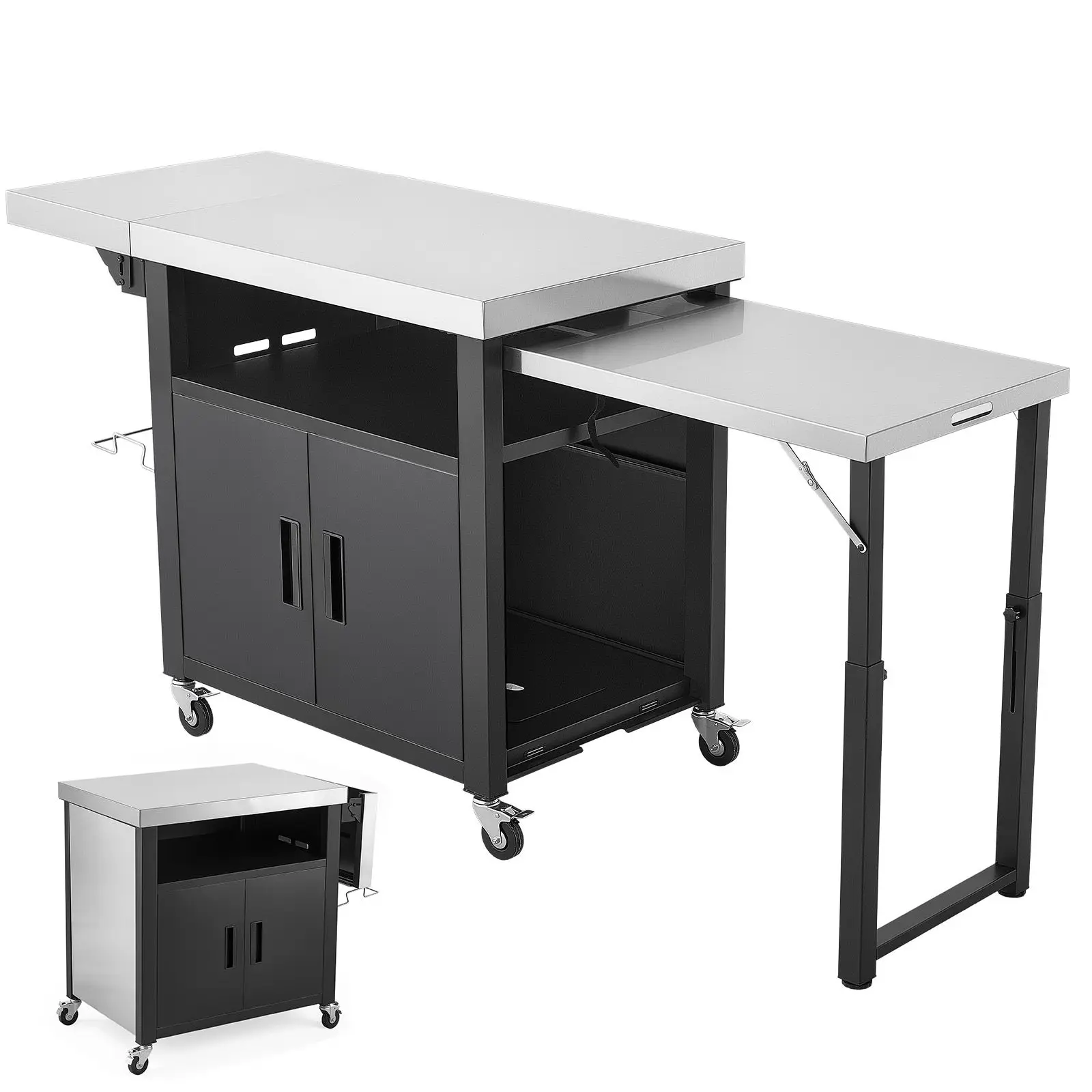 Outdoor Grill Cart with Storage Cabinet, 74.8 Inch Grill Table, Waterproof Kitchen Island with Stainless Steel Top, Pull-Out Plate, Wheels, Movable Food Prep Station for Patio Bar Backyard BBQ