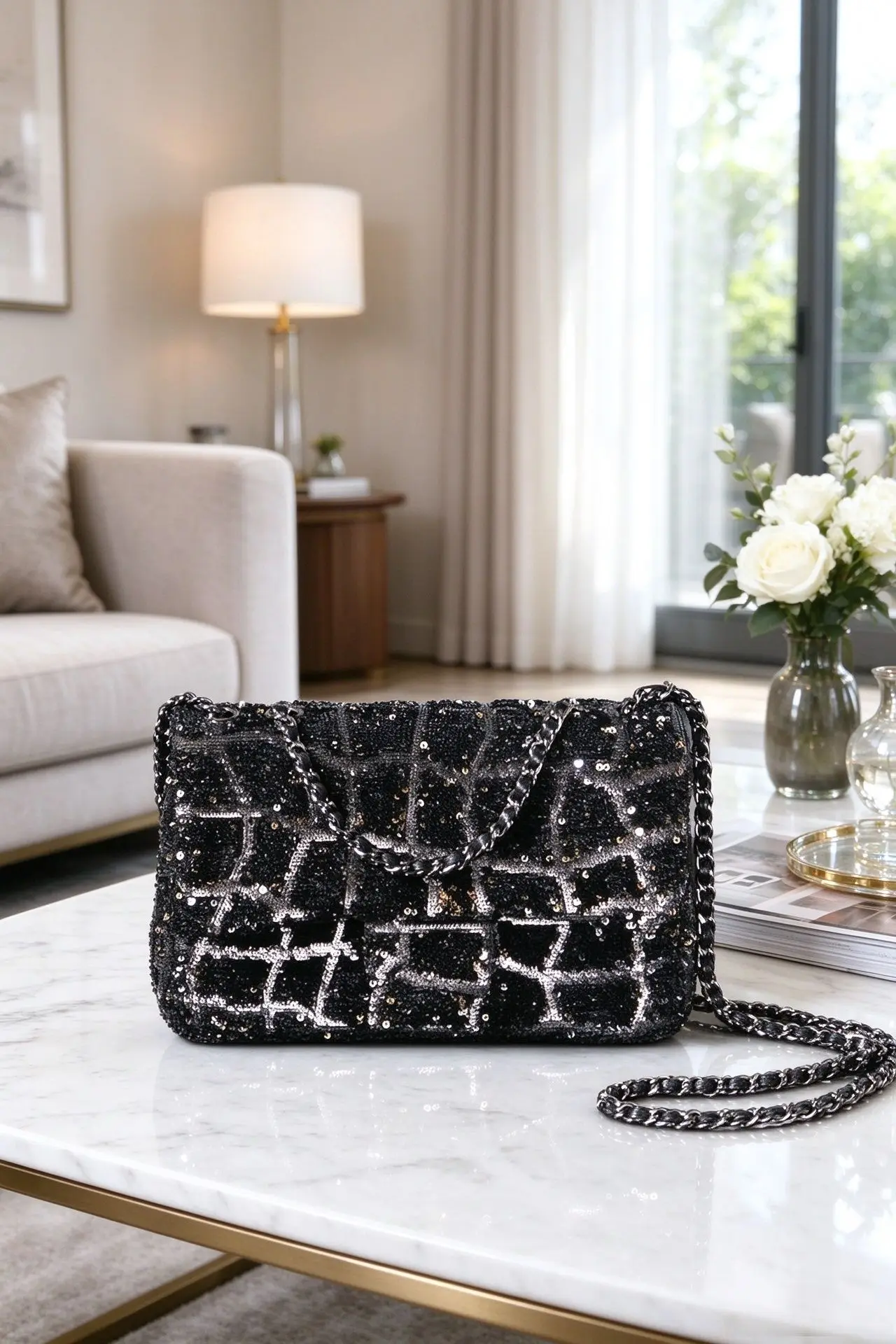 Women Sparkly Sequin Quilted Flap Bag Black Glitter Fabric Leather Woven Chain Strap Party Shoulder Purse