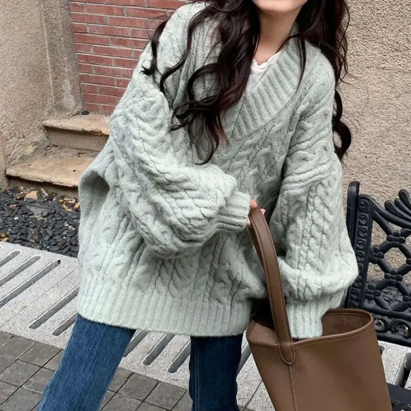 

Корейские винтажные свитера с v-образным вырезом, осень-зима, однотонная свободная женская одежда, повседневные модные вязаные пуловеры с длинными рукавами