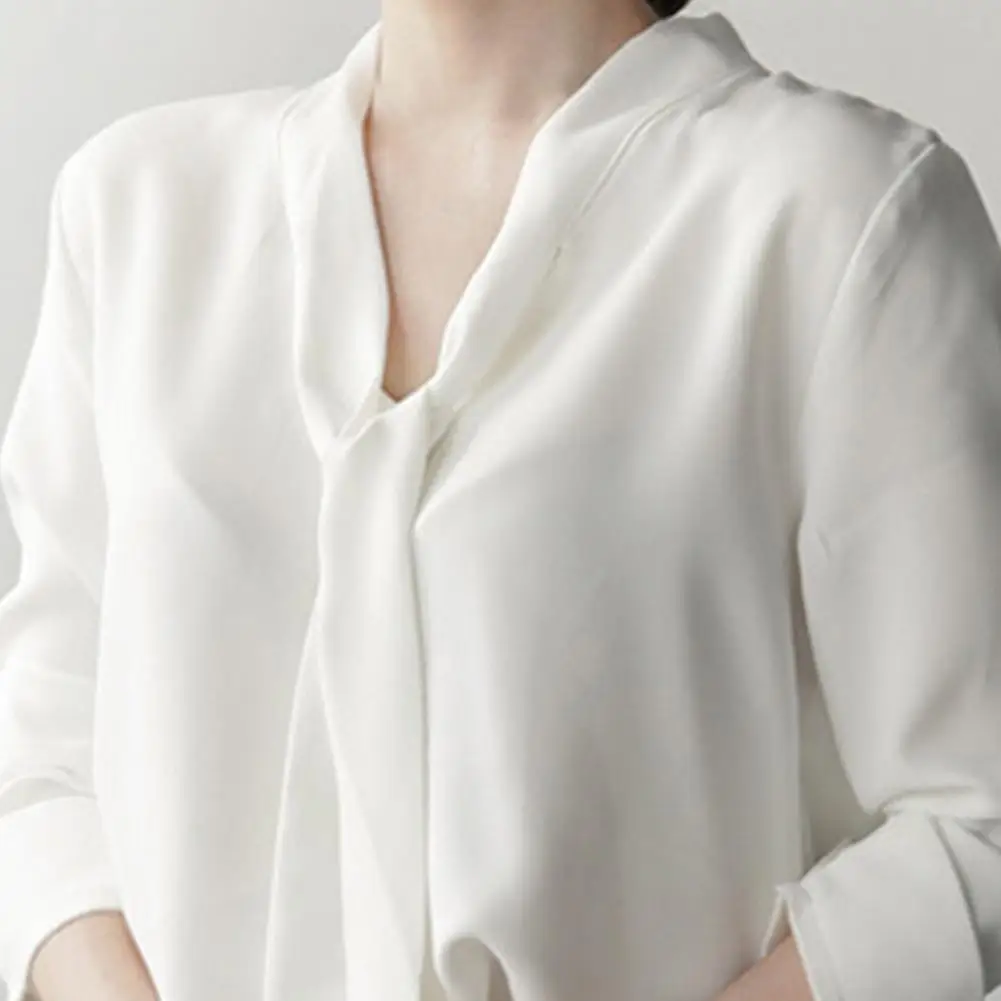 

Женская летняя рубашка с v-образным вырезом и шнуровкой на воротнике, пуловеры с длинными рукавами, однотонные свободные офисные женские топы, рабочая одежда