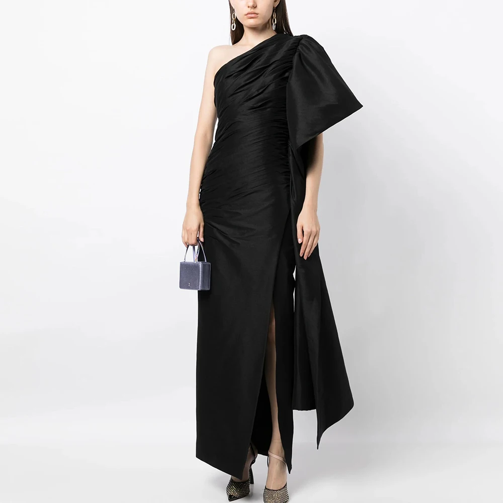 Formal Party Dresses Elegant Black Satin Pleat Ruffles Front Fork 2024 Gowns Straight One-shoulder Bespoke Occasion Gown