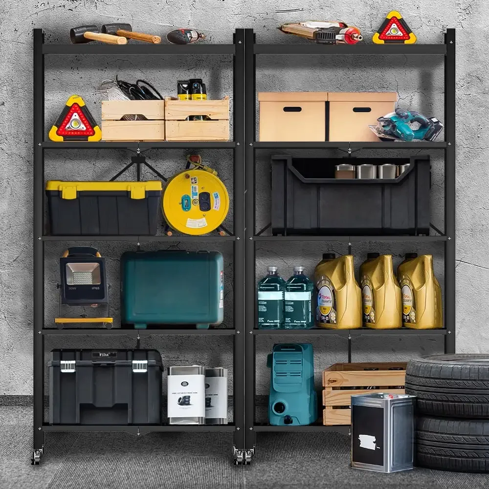 Unit Rak Penyimpanan 5 Tingkat, Rak Logam 27.9"x13.4"x62.5, Rak Penyimpanan Lipat dengan Roda, Rak Garasi, Rak Penyimpanan Logam