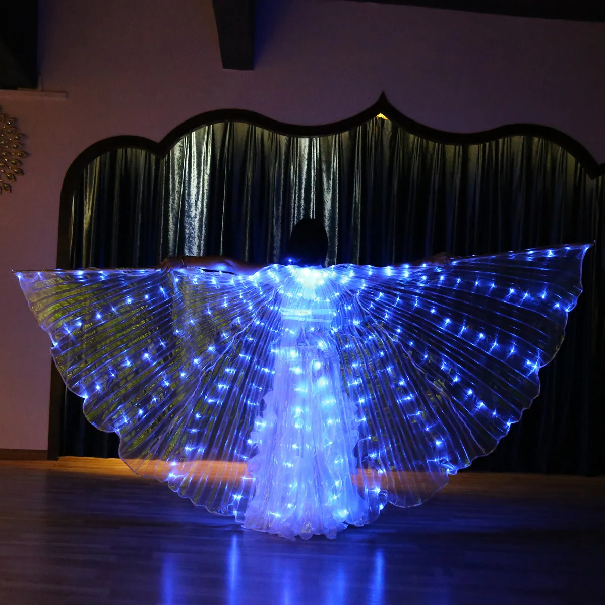 Dança do ventre azul alas led asas para dança adulto desempenho fluorescente borboleta isis asas carnaval festival outfit varas