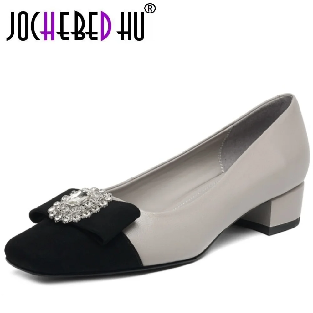 

【JOCHEBED HU】Подручная работа из натуральной кожи, темперамент, мягкие, удобные, элегантные женские туфли на высоком каблуке с бантом, на среднем каблуке и толстом каблуке