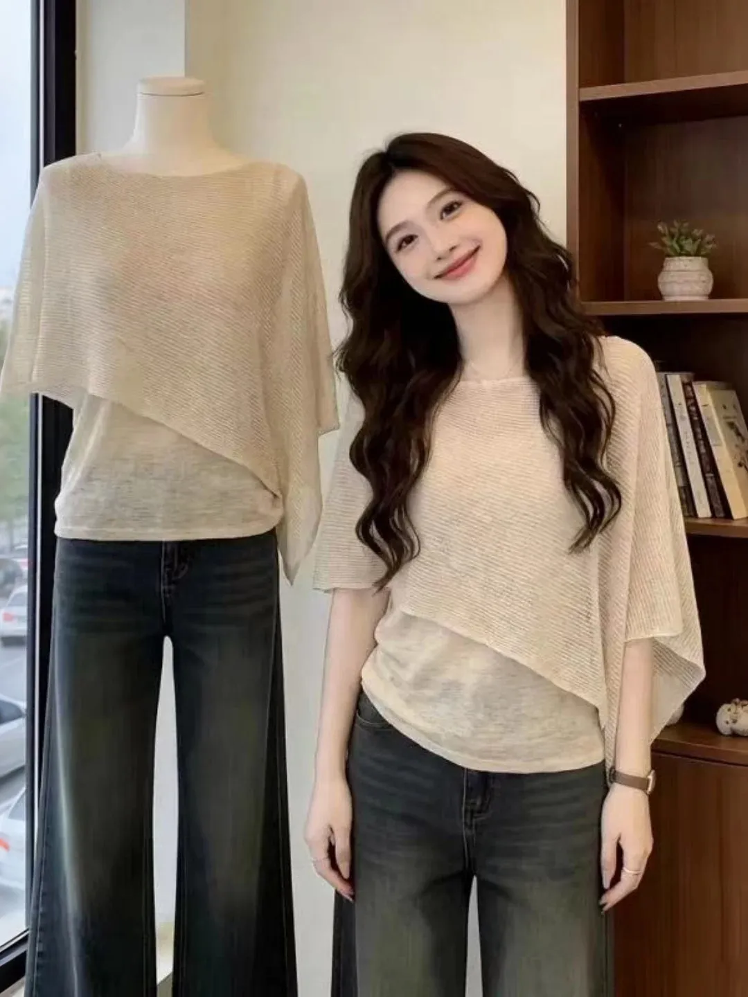 Irregular Knitted Ice Silk Shoulder Wrap Short Sleeve T-Shirt Women's Summer Breathable Two-Piece Top Korean Style Citywalk