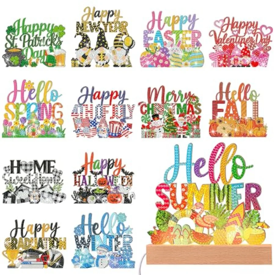 

13 Pcs Interchangeable Diamond Art Tabletop Diamond Art Painting Kit with Wooden Light Base for Table Tiered Tray Home Office T