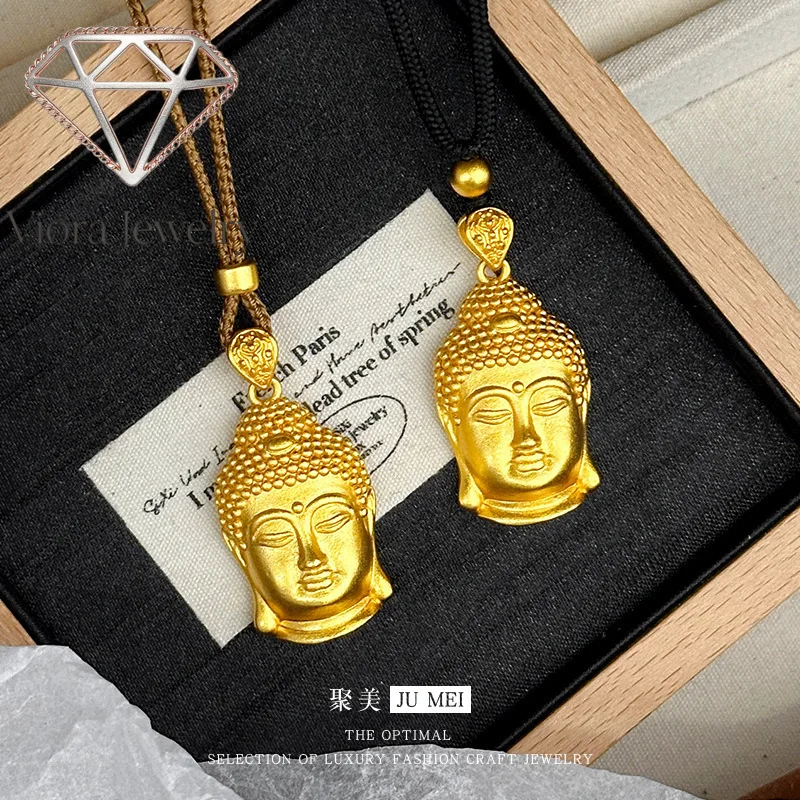 Viora Jewelry New Chinese style 24K ancient gold male and female 9999 solid peace Buddha head real gold pendant DIY rope braided