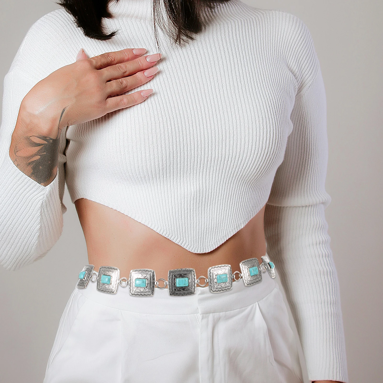 

Retro Waist Chain Turquoise Belts for Women Western Belly Body Jewelry Boho Square Charms Miss
