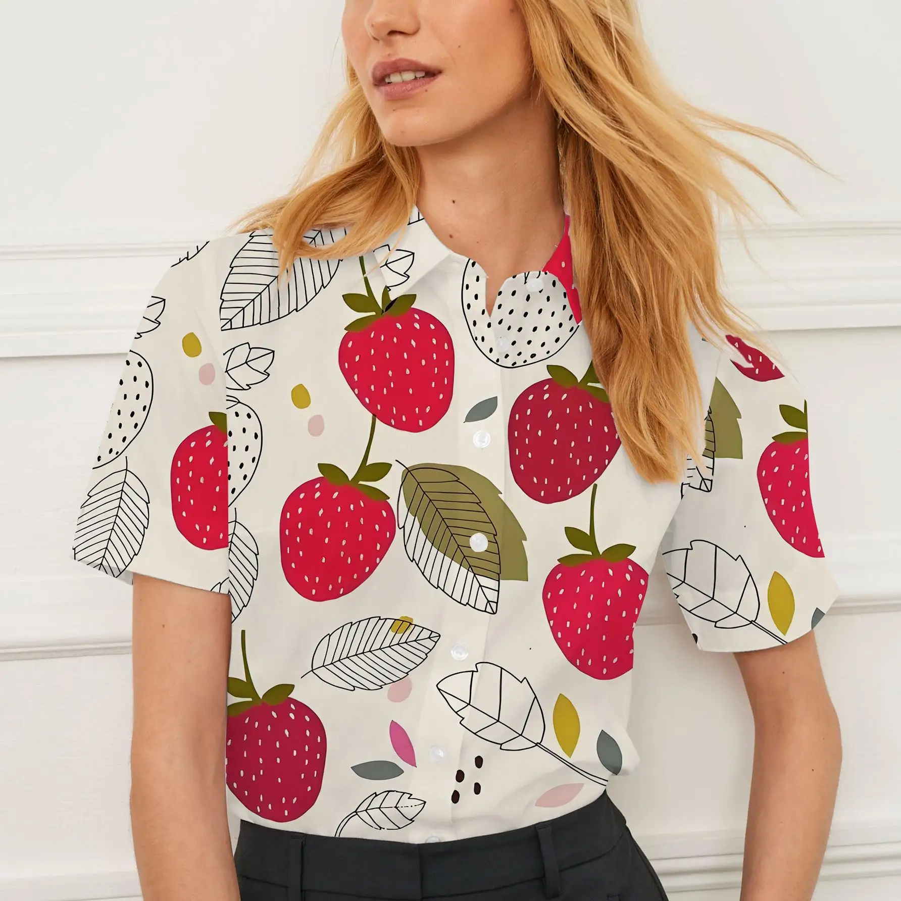 قميص نسائي صيفي كاجوال بأكمام قصيرة وطباعة فاكهة على الموضة للسيدات كاجوال