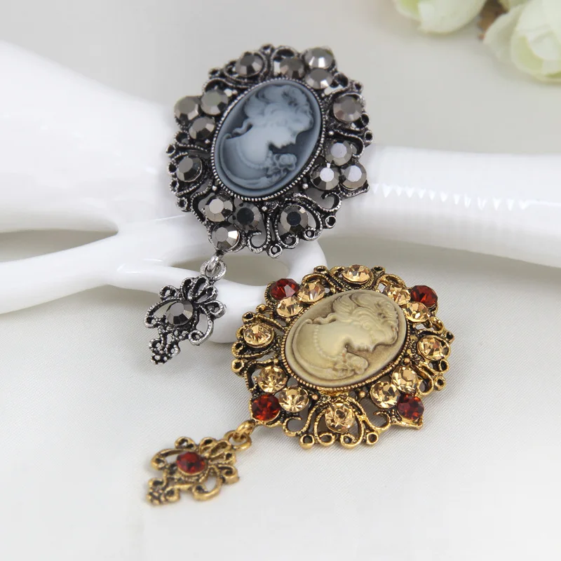 Crystal Rhinestone Lady Vintage Cameo Victorian Style Wedding Party Women Pendant Vintage Brooch Pin