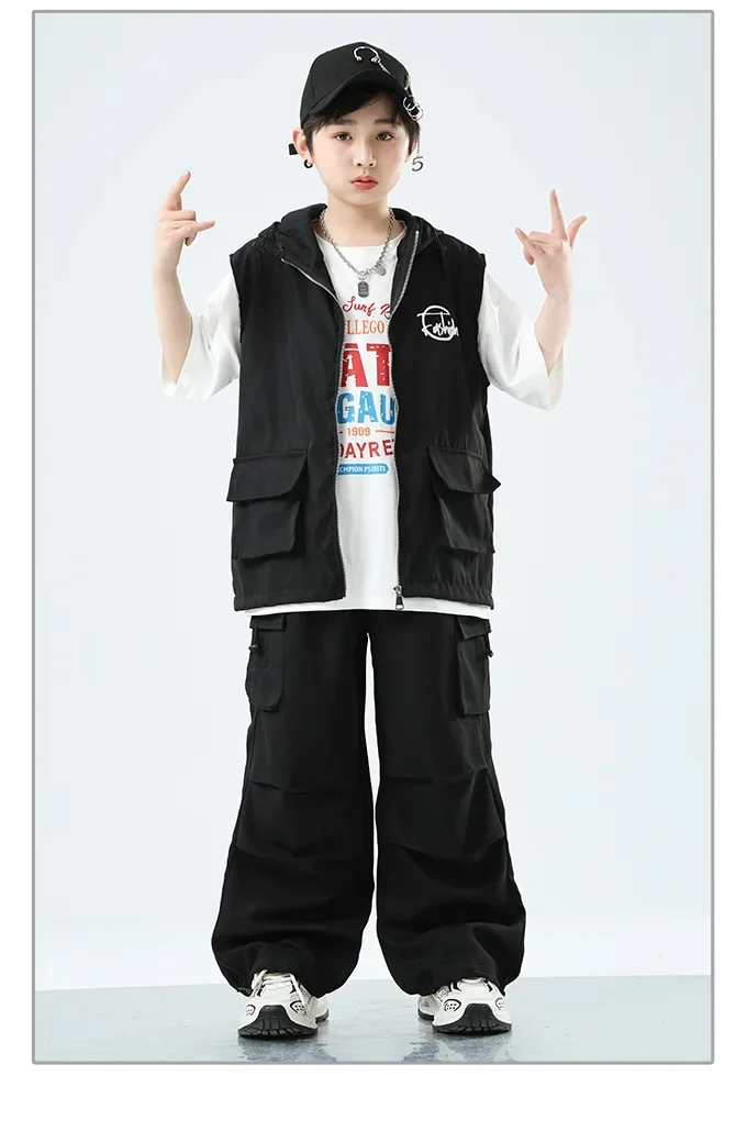 Kinder Hip-Hop Street Dance Outfit Set Jungen Mädchen Bühnenkostüm Trendige Ärmellose Weste Modenschau Partykleidung – Detail 9