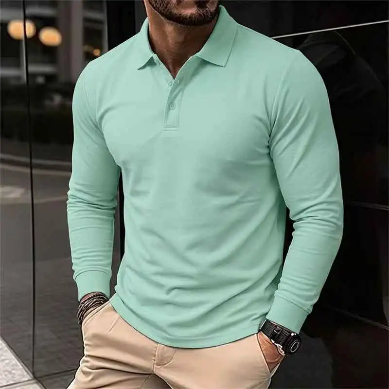 Men's Long Sleeve Henry Polo Shirts Spring Autumn Smart Casual Breathable Comfortable Polo Shirt Solid High Quality Male T-Shirt