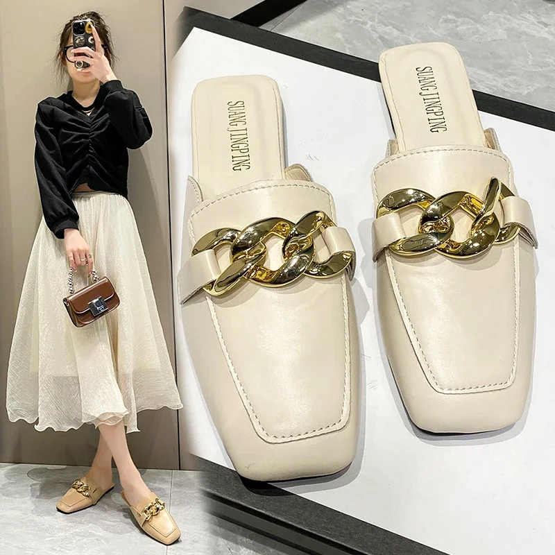 these trendy slippers are comfortable and breathable Elegant Women Summer Flip Flops Chain Square Toe Slippers Sandals Shoes Wo