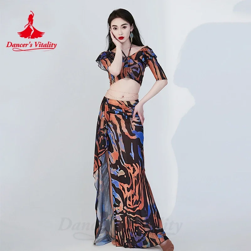 Belly Dance Costumes Set for Women Gauze Printed Top+split Long Skirt 2pcs Oriental Practice Clothing Adult Bellydance Outfit