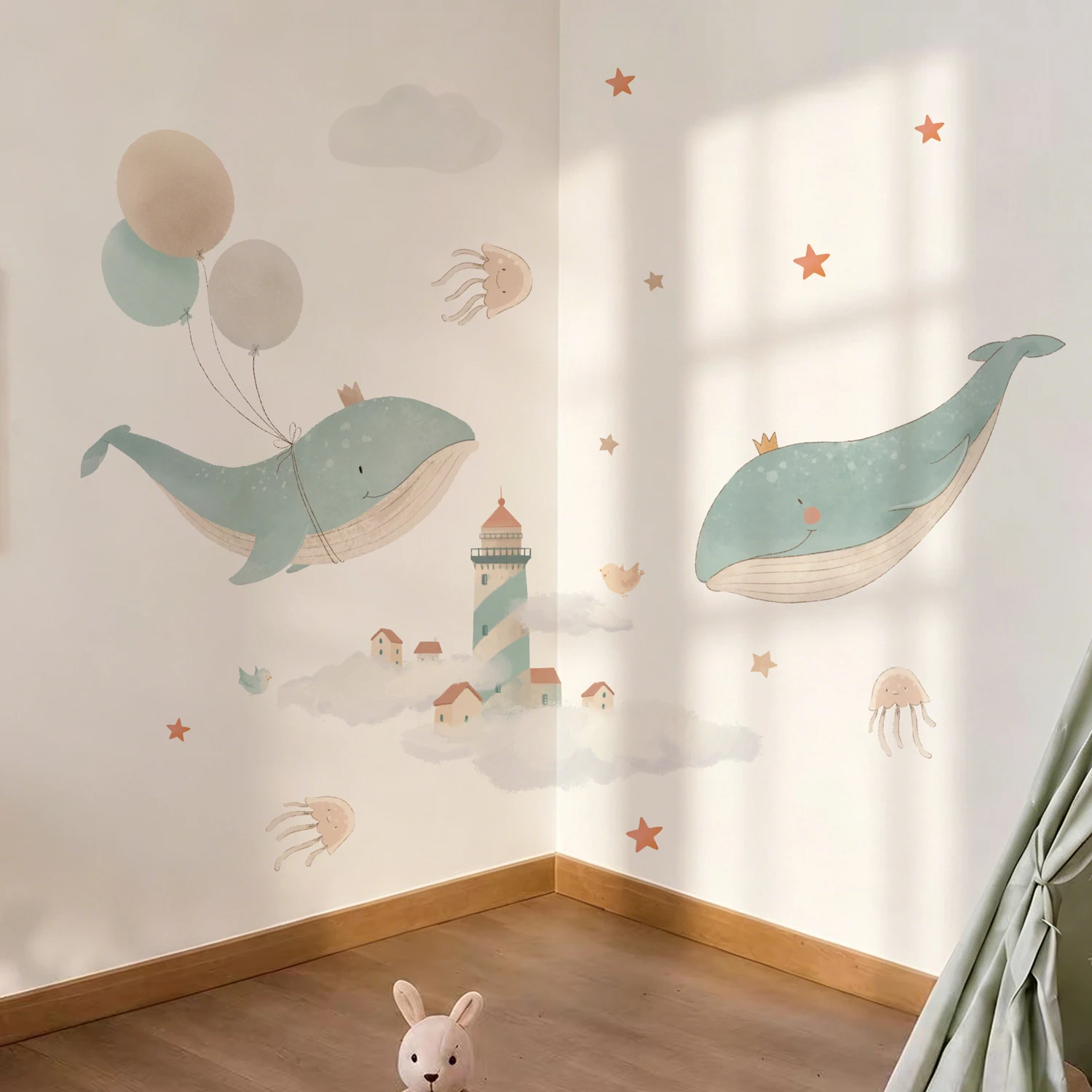 Watercolor Under The Sea Wall Decals Vinyl Peel and Stick, Fish Wall Decor for Kids Room, Self-adhesive Ocean Animals Decor
