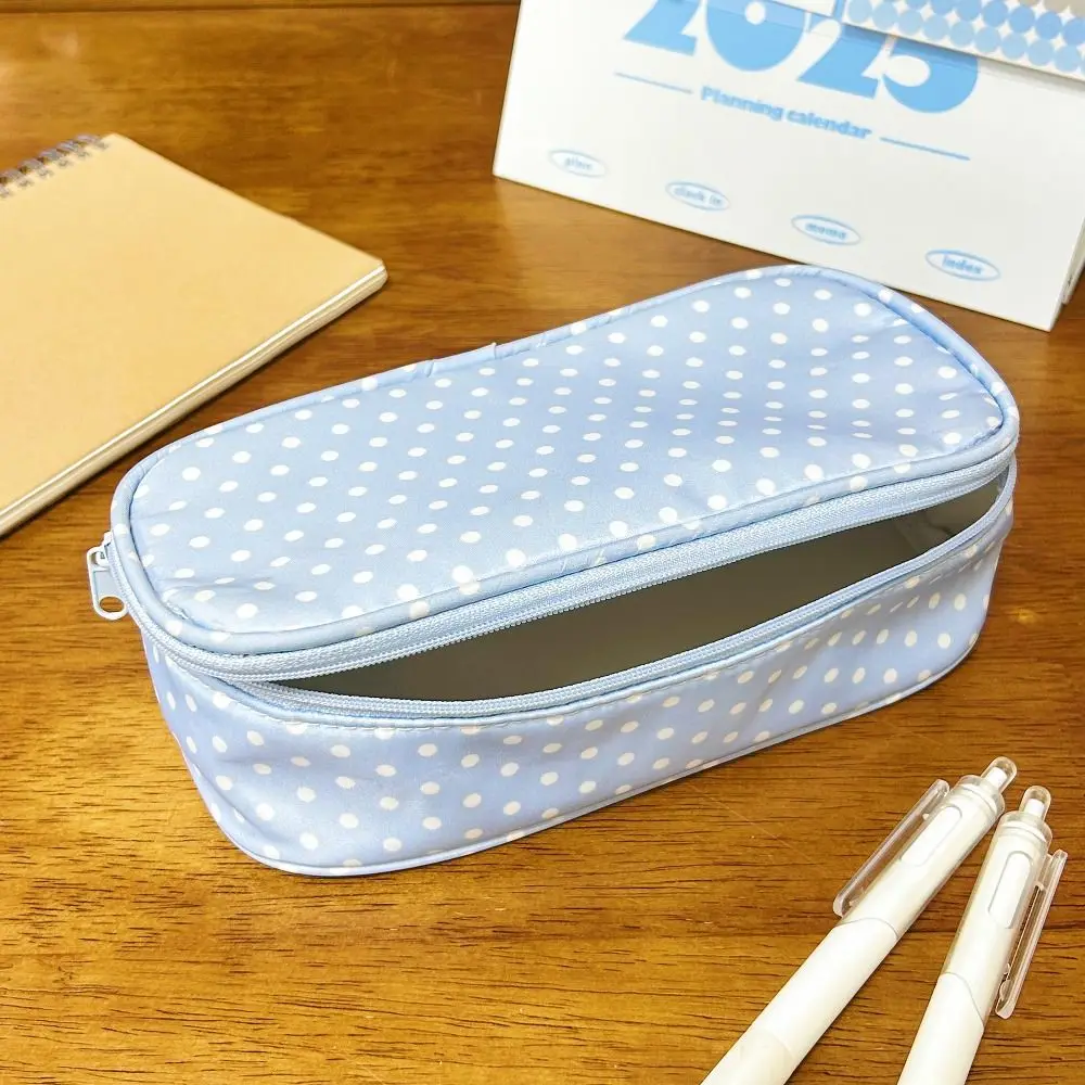 Einfaches blaues gepunktetes Federmäppchen mit großer Öffnung, großes Fassungsvermögen, Schreibwarentasche, Schreibwaren-Organizer für Studenten