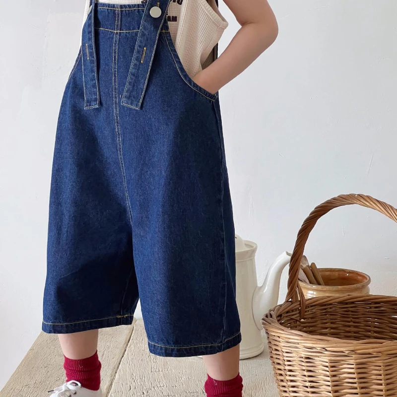 Suspender Pants Boy Girl Korean Style 2024 Summer New Cowboy Five Points Tide Comfortable Versatile Cute