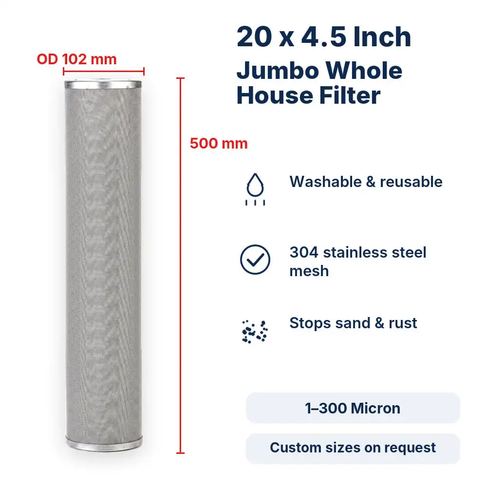 20 x 4.5 Inch Jumbo Stainless Steel Filter Cartridge 304 Reusable Washable Whole House Sediment Mesh Water Filter 1-300 Micron