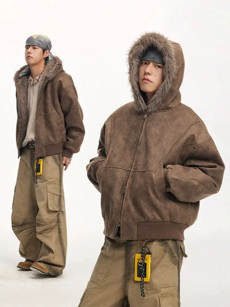 

CoosRetro Retro American Style Thickened Suede Hooded Cotton Jacket Warm Outerwear for Men Casual Youth Popular Loose Fit