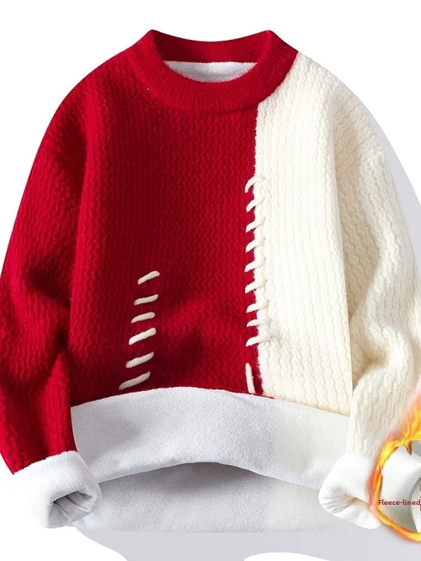 

Men's Fce Lined Thiened round Ne Knitted Sweater Faionable Wave Pattern Splicing Base irt for Teens And Students