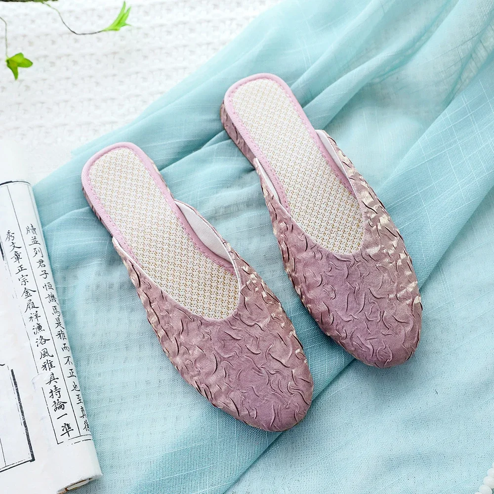 Pleated Fabric Women Comfortable Soft Flat Mules Slippers Ladies Casual Summer Autumn Close Toe Shoes Beige Blue Pink