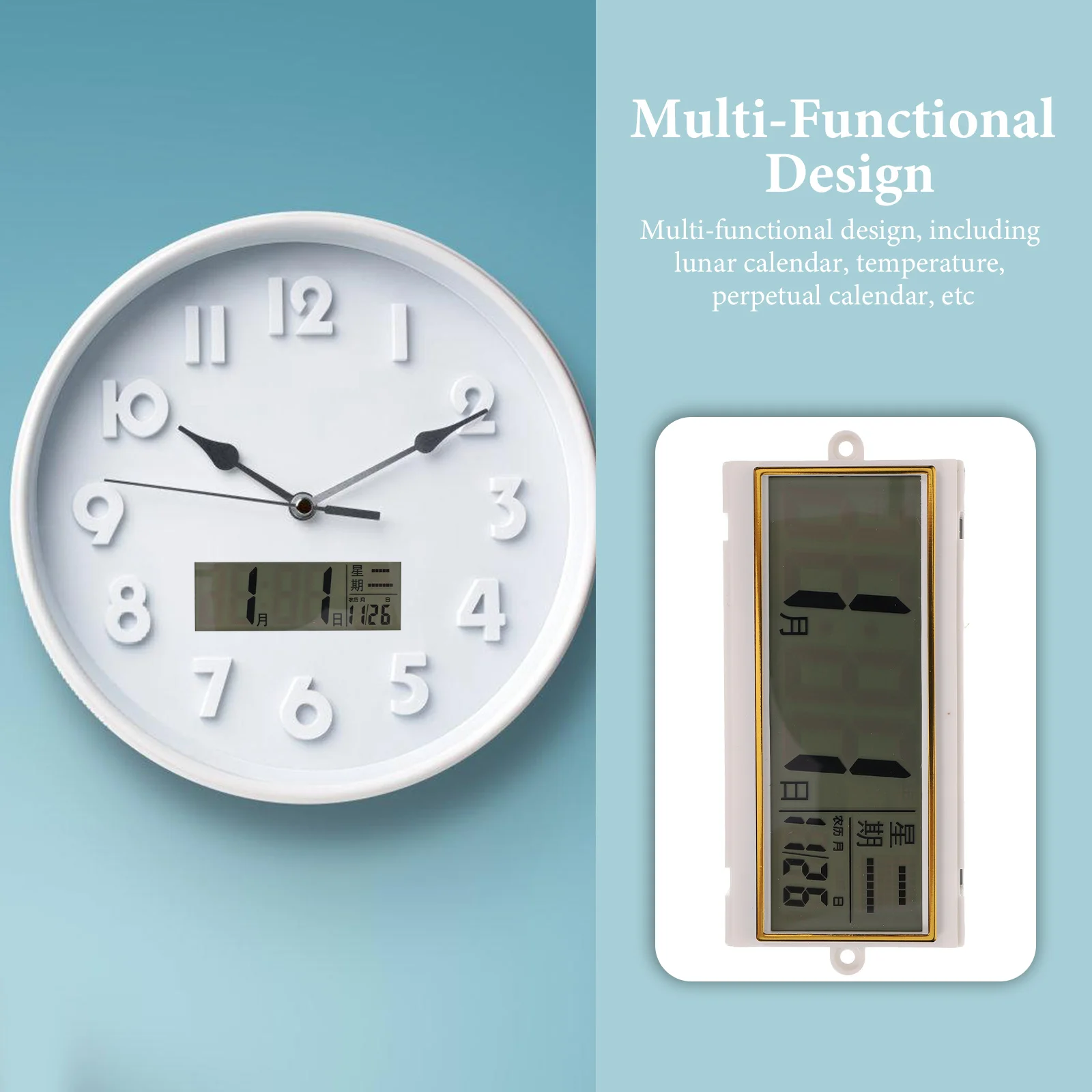 

LCD Screen Wall Clock 110x55mm Digital Calendar Perpetual Lunar Temperature Display Modern Decorative Plastic