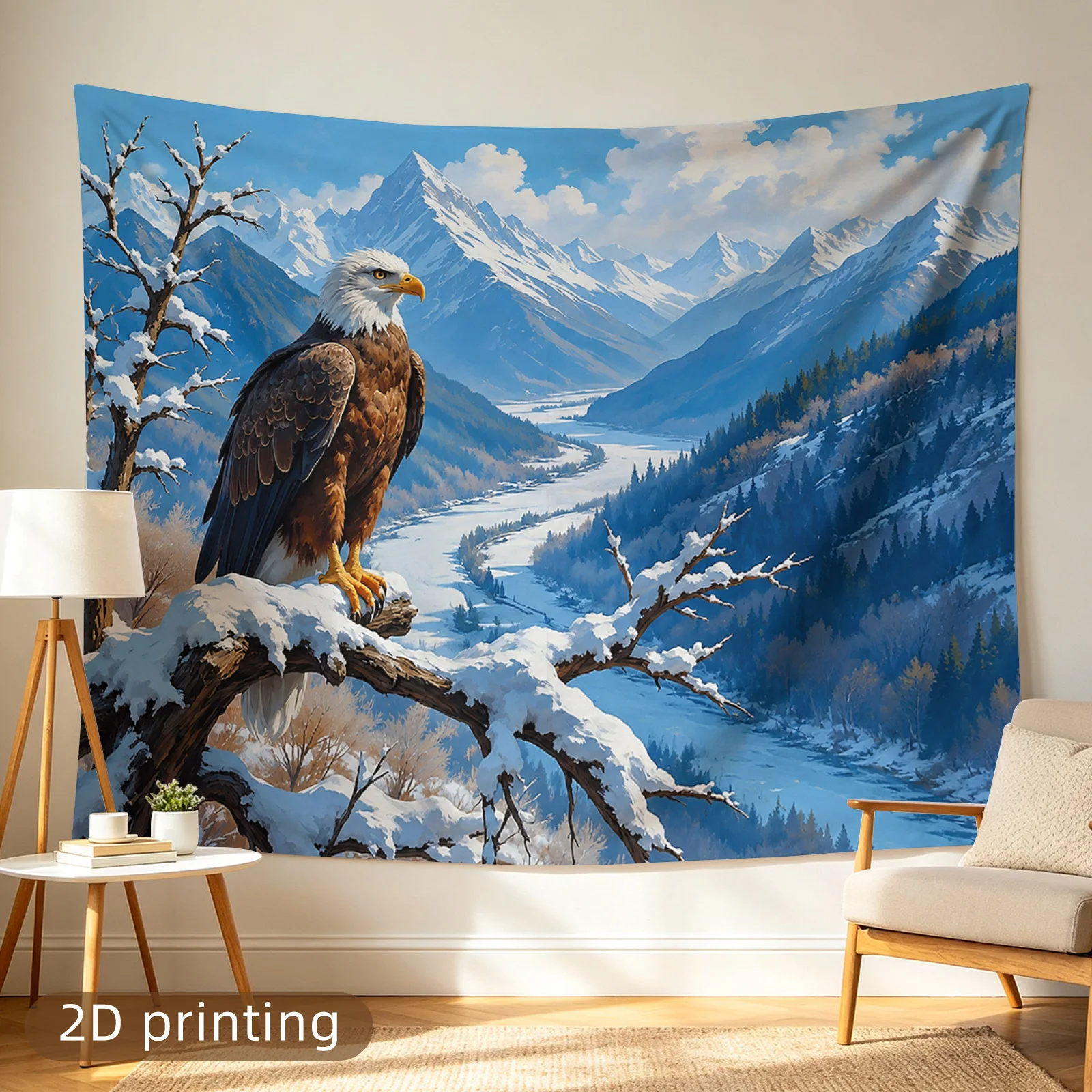 Majestic Bald Eagle Nature Tapestry Wall Hanging Print Polyester Decor for Living Room Snowy Mountain Landscape Wildlife Artwork