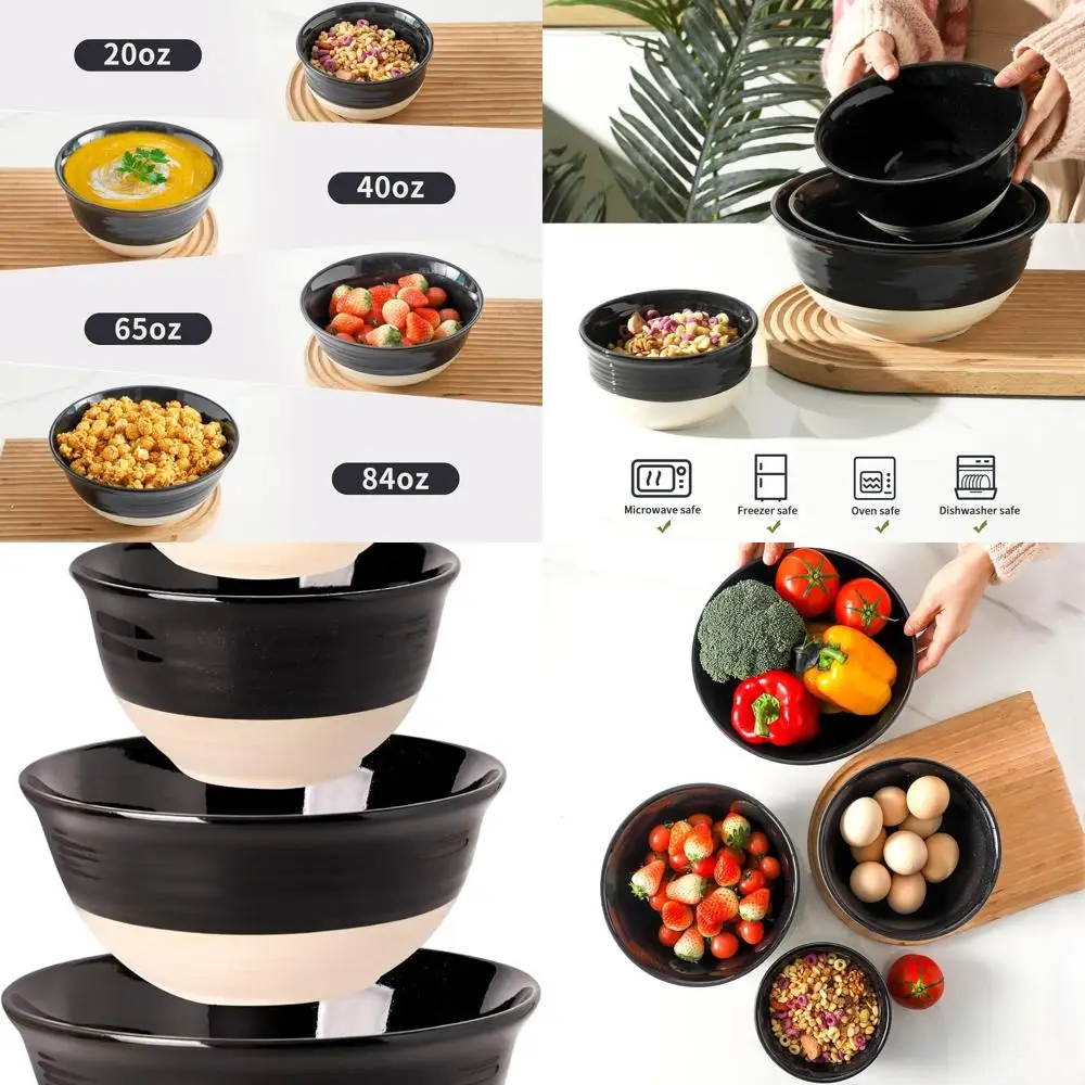 

Set of 4 Black Ceramic Mixing & Serving Bowls, 2.1/1.5/1/0.5 Qt, Kitchen & Holiday Essentials