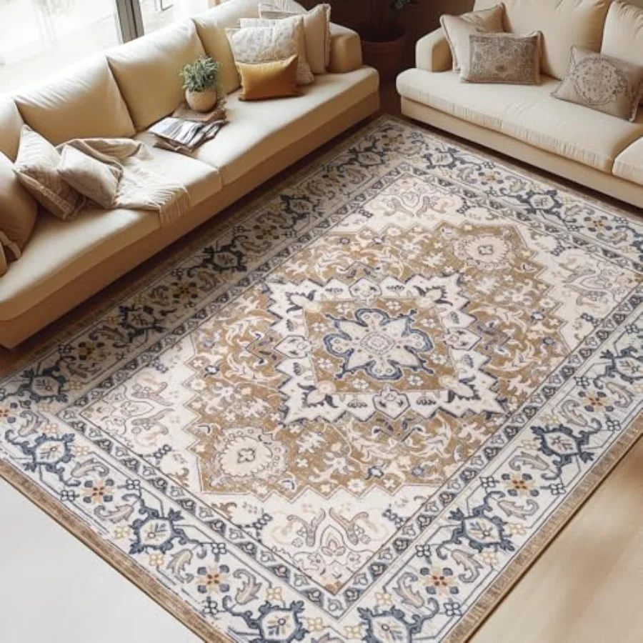 

Machine Washable Boho Style Area Rugs 10 x 14 Feet for Living Room and Bedroom with Floral Medallion Design Low Pile Faux Wool