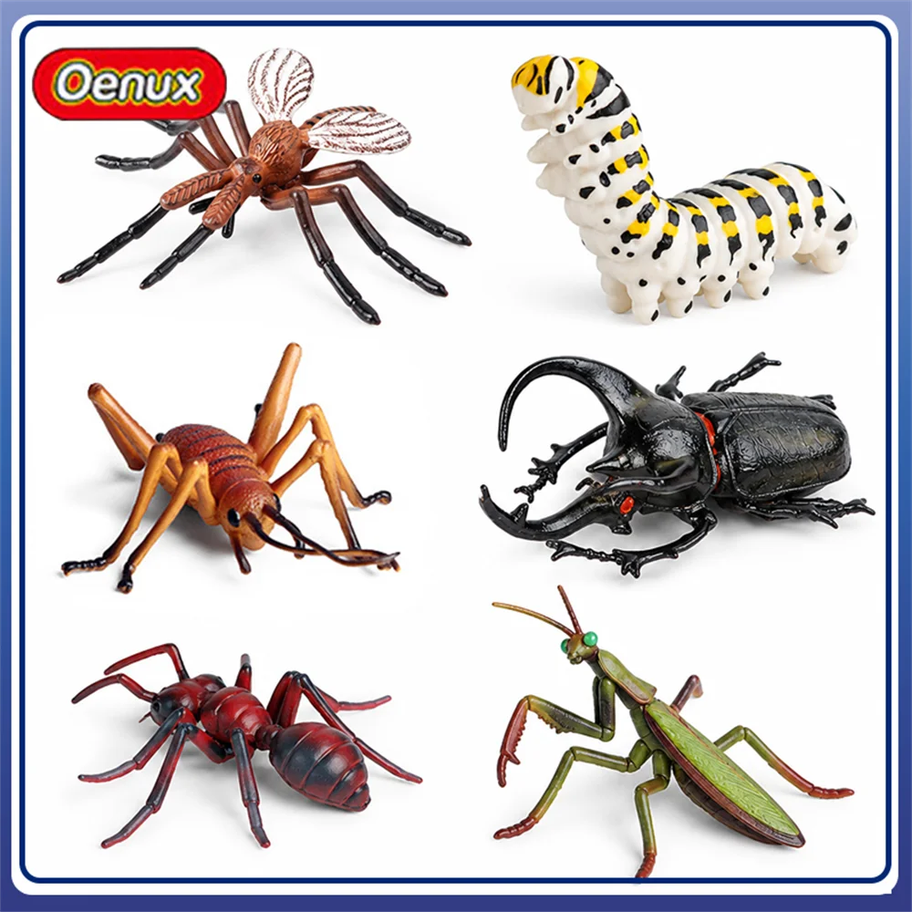 Oenux Realistic Insect Figurines Mosquito Swallowtail Caterpillar Cricket Ant Stag Beetle Mantis Bee Models for Collection
