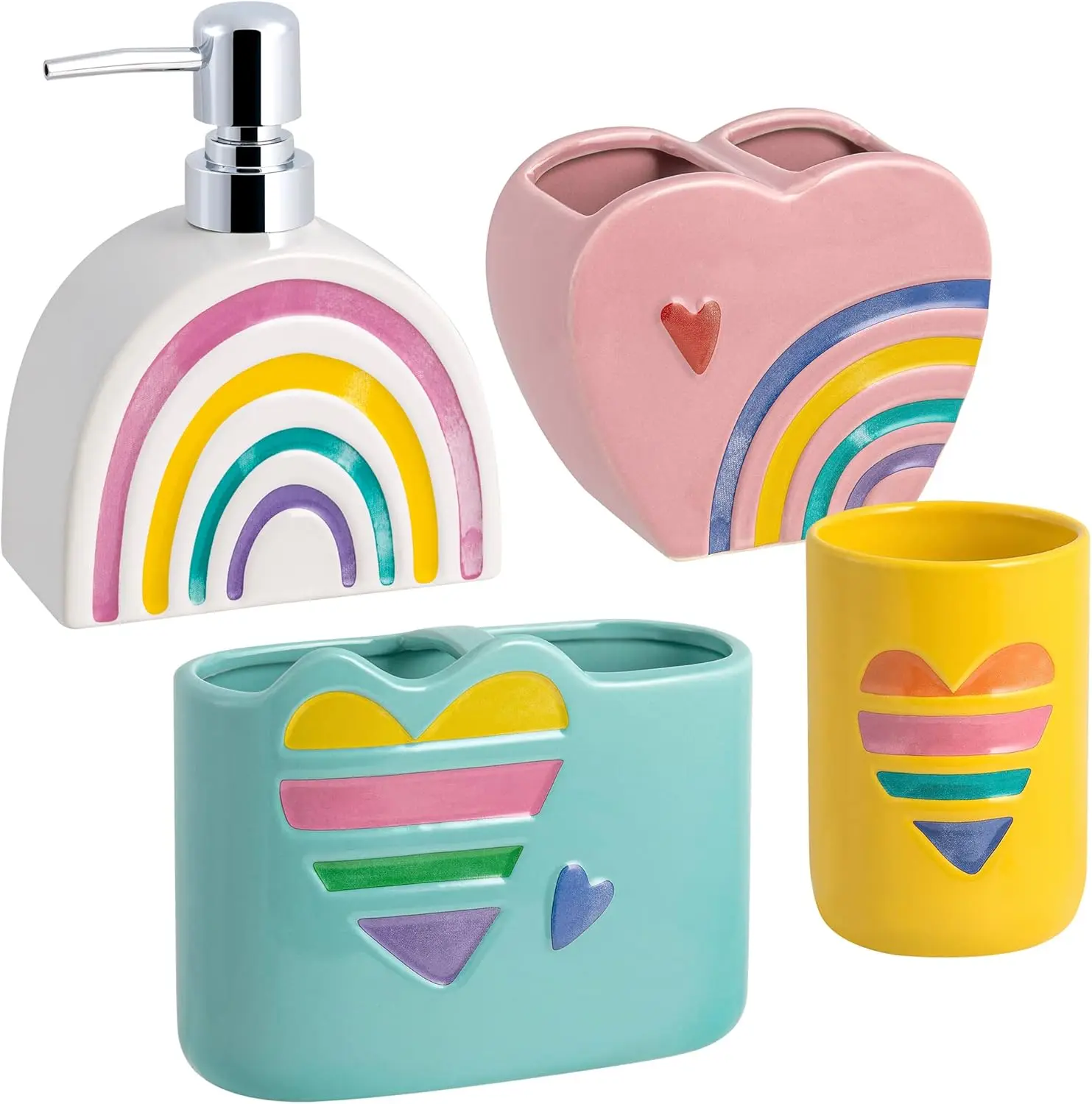 Rainbow Hearts 4-Piece Ceramic Bathoom Accessory Set