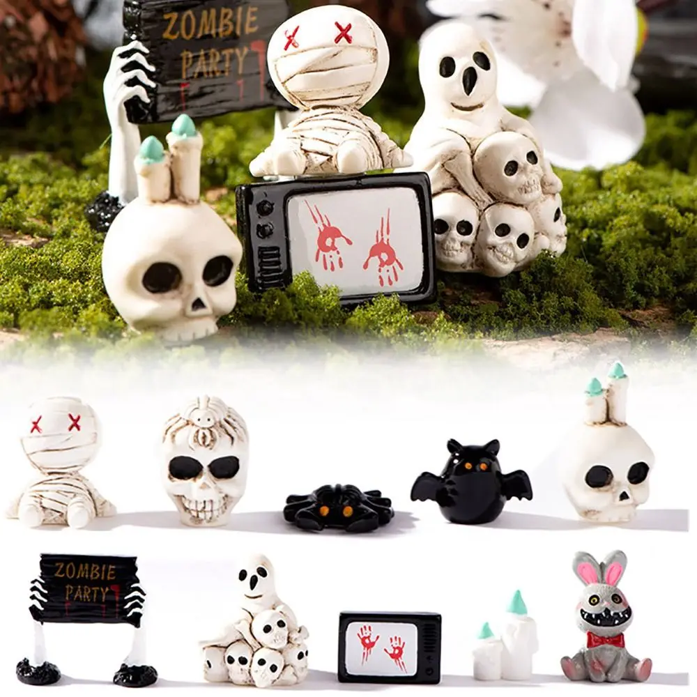 Mini Halloween Miniature Figurine Spider Bat Candle Skull Cartoon Scary Rabbit Statue Party Ornaments Micro Landscape