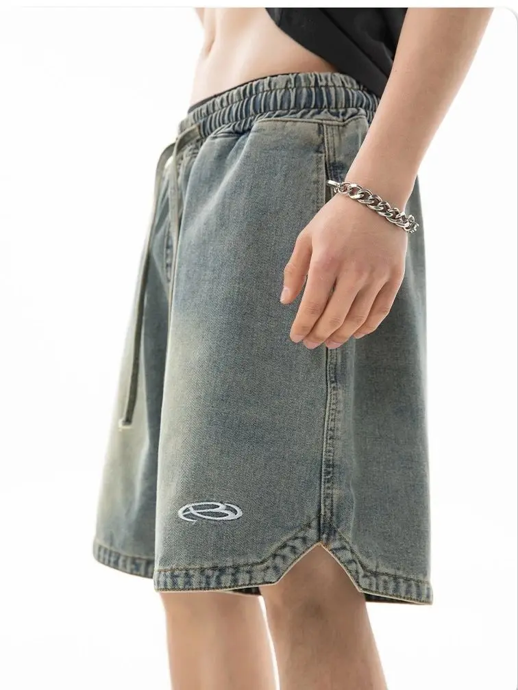 Korean Men's Hem Triangle Split Design Denim Shorts Men's Summer Beauty Embroidery Loose Five Pants