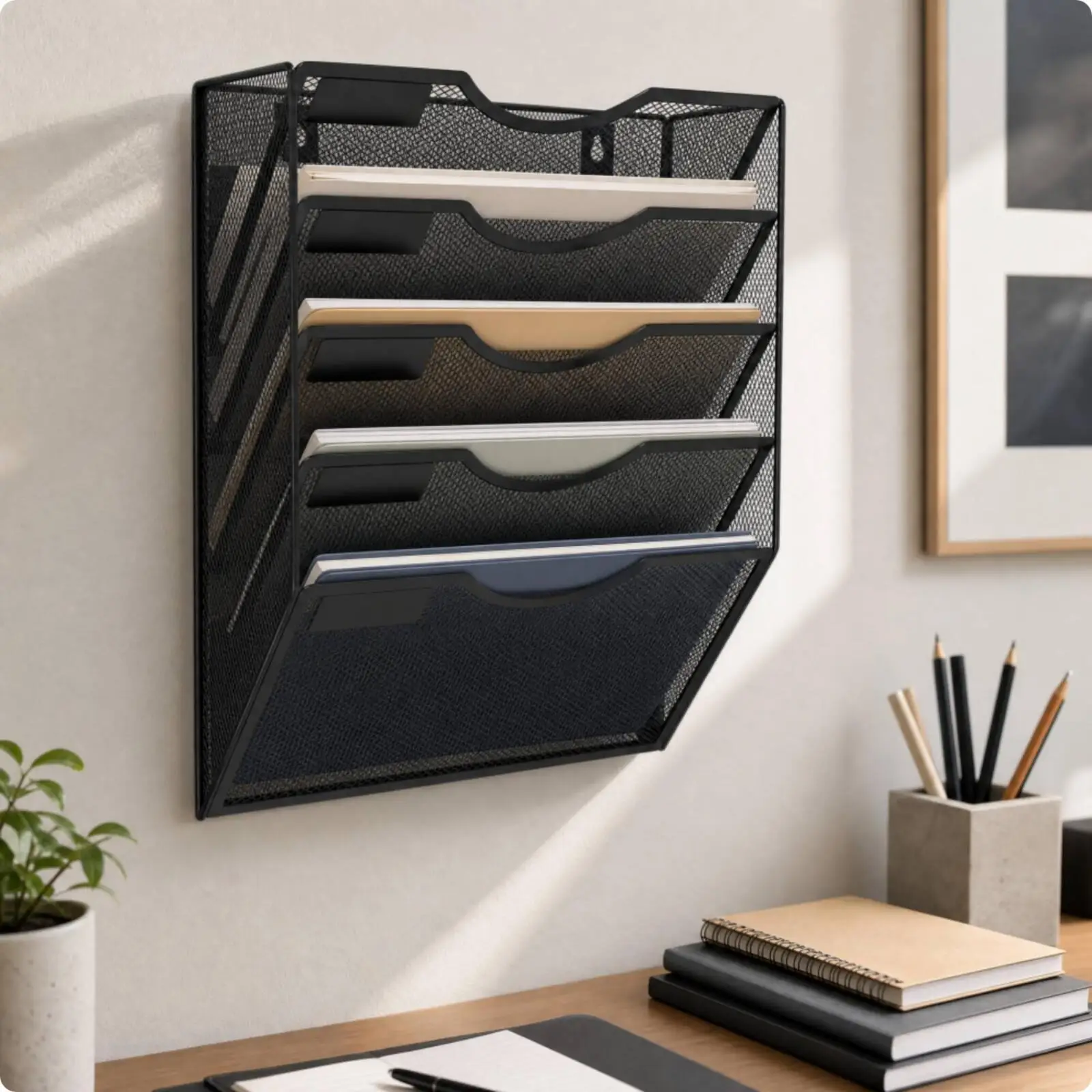 Wall Mounted File Rack Metal Mesh Organizer for Documents Papers Five Tier Storage Black Holder