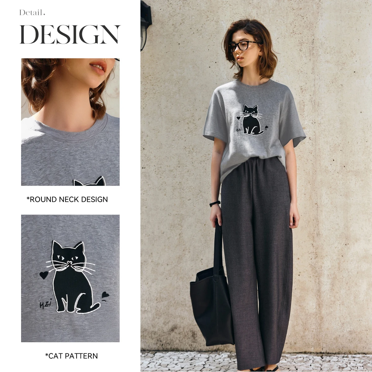 OLrain Pure Cotton Grey T-shirt Woman Cat Print Women's Summer Knitted Top 2025 Casual Short Sleeve Tee Shirts Ladies O57XT98216