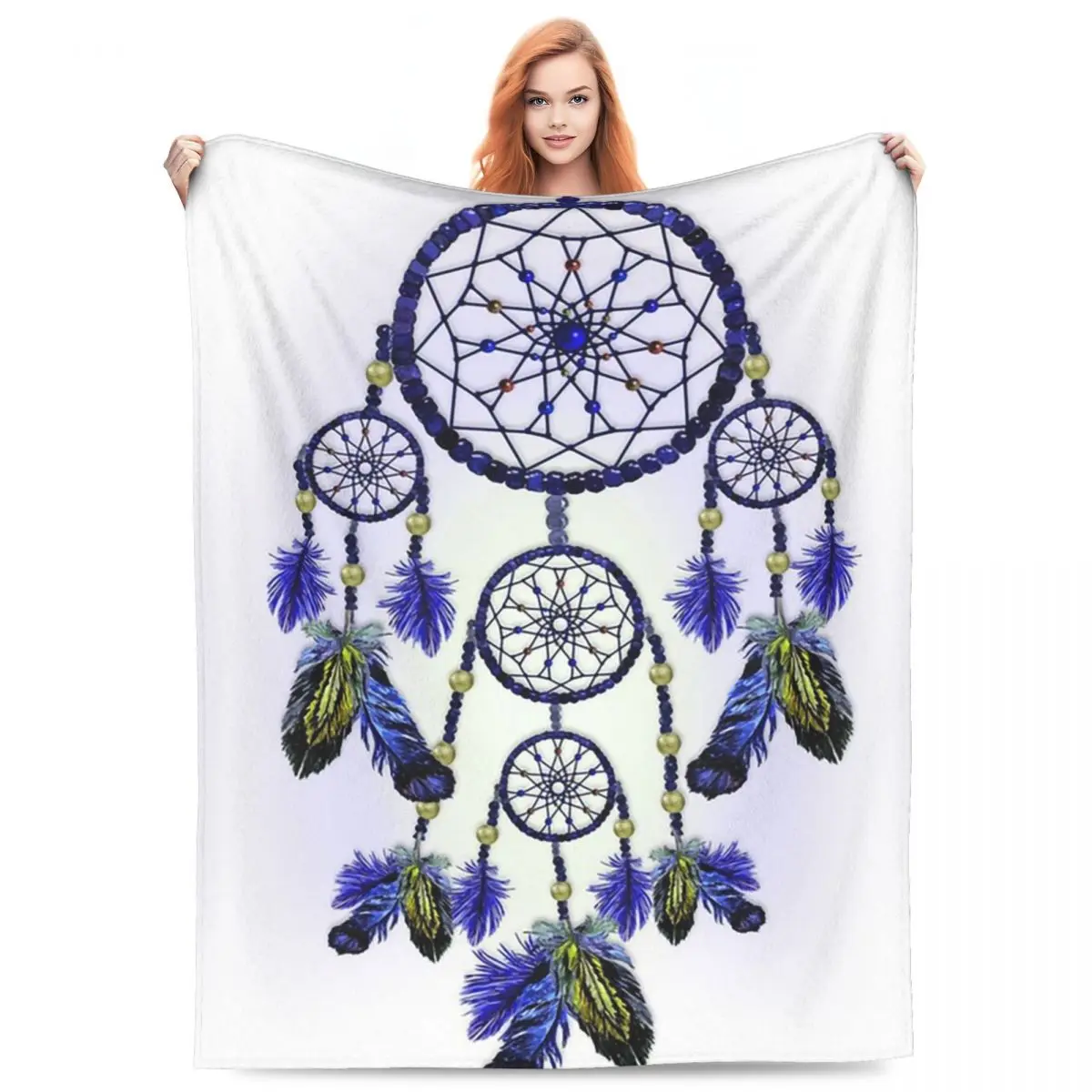 Atrapasueños azul con mantas de plumas, manta de franela para sofá, mantas cálidas para el hogar, dormitorio, colcha