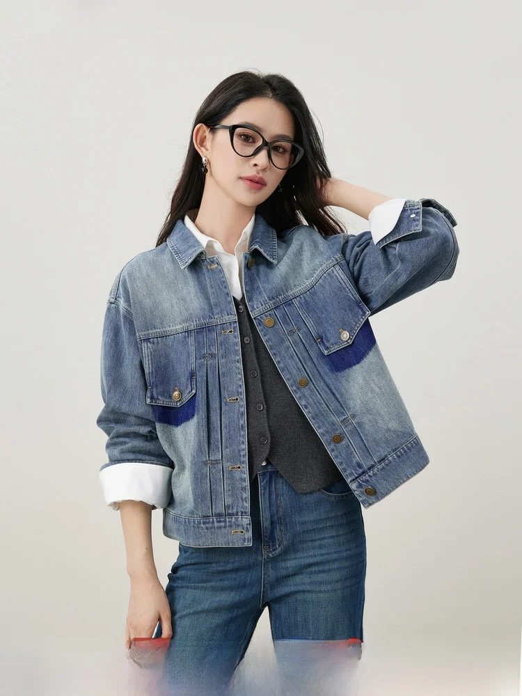 

adient Waed Denim ort Jaet Women's Faion Autumn New Sle Cotton Flipped Collar Color Blo ket Design Regular Fit