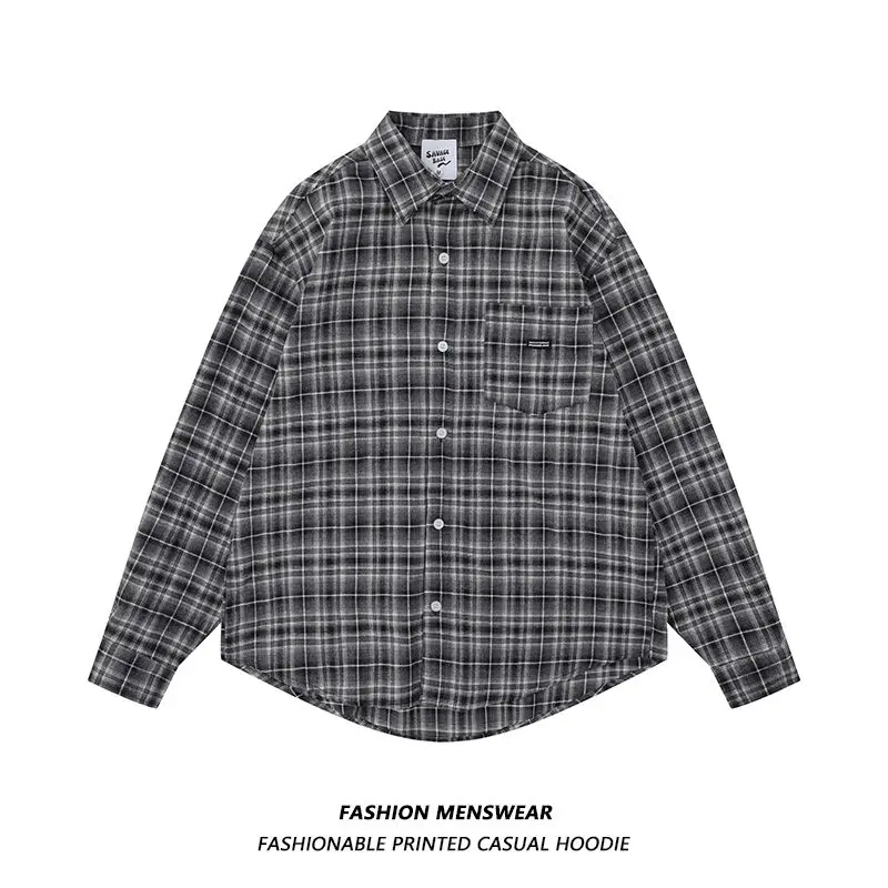 BEIANJI brand fried street American contrasting color plaid printing summer new men and women couple casual long-sleeved shirt