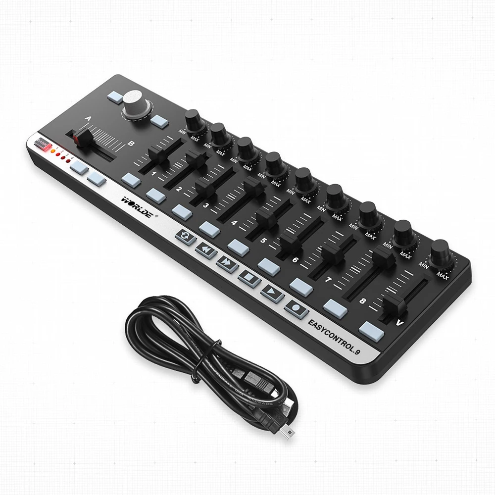 Worlde MIDI Controller EasyControl.9 Portable Mini USB 9 Slim-Line Control with 4 Programmable Memory Banks & 6 Transport Butto