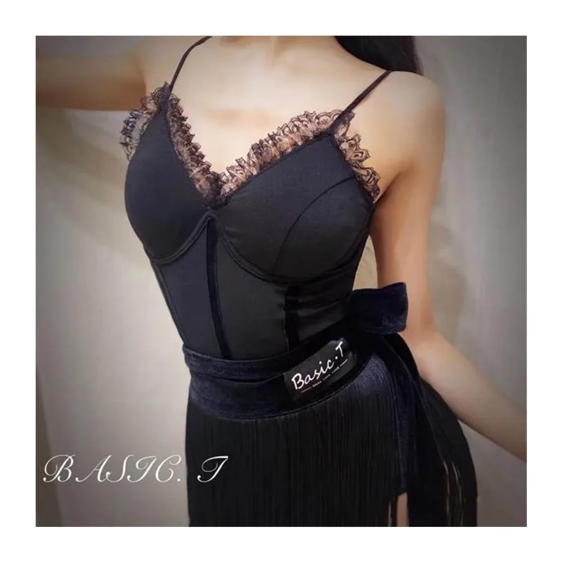 Ensemble de robe de danse latine personnalisée avec dentelle, combinaison dos nu, ceinture en velours, pompon crypté, écharpe de hanche, jupe courte pour femmes