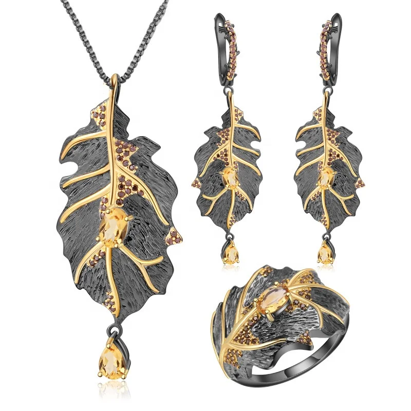 

Natural Gemstone Jewelry Set Leaf Ring Earring Pendant Brooch Set 925 Silver Inlaid with Citrine, Smoky Quartz Jewelry Set