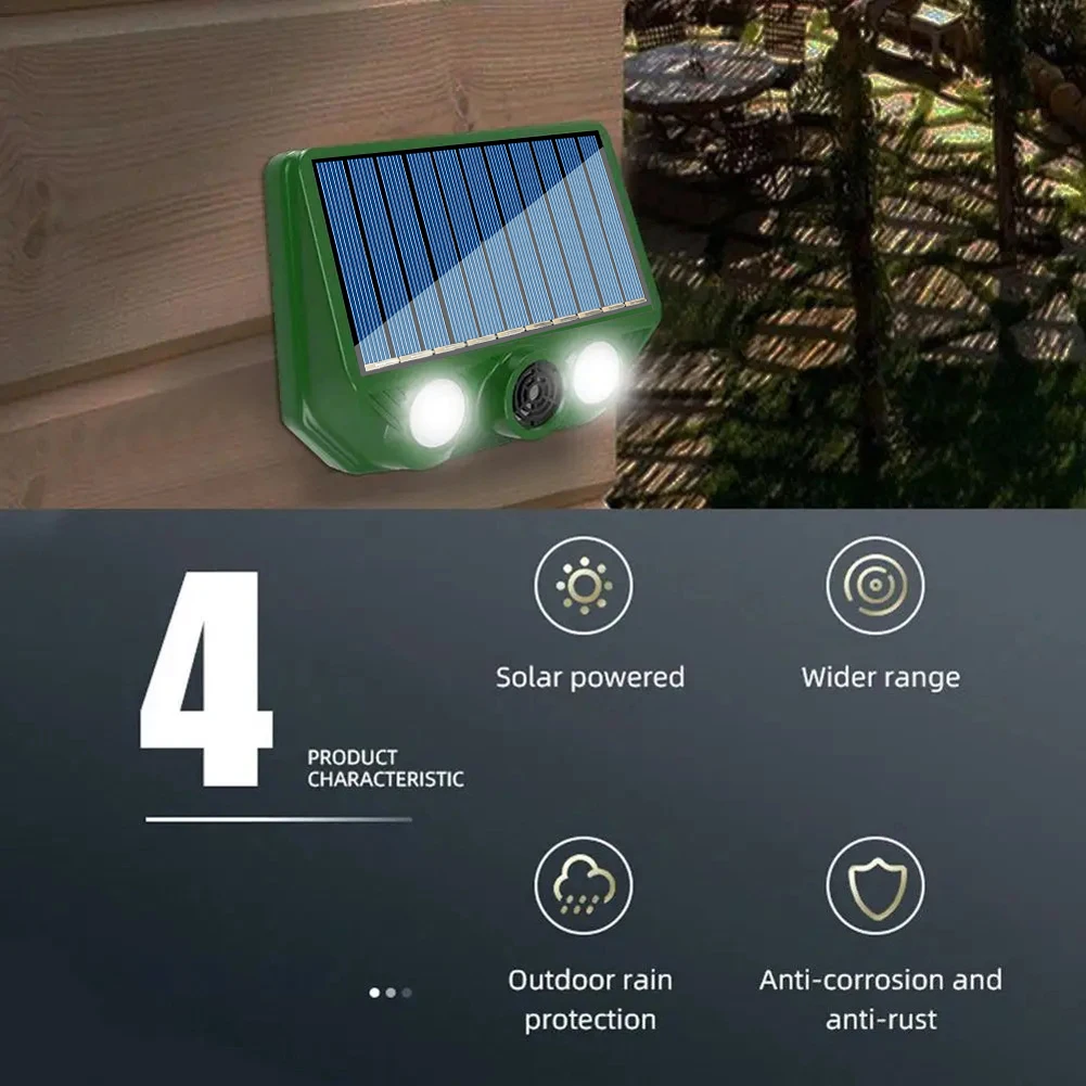 Solar Powered Ultrasonic Animal Repellent USB Charging Waterproof Animal Deterrent Strong LED Flashing for Yard Control Drive